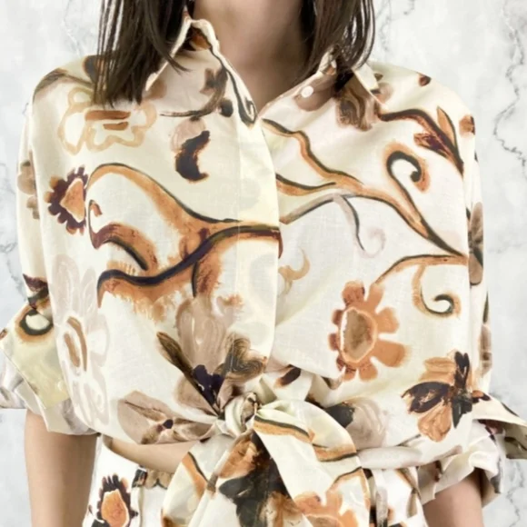 DOROTHEE SCHUMACHER ABSTRACT FLORAL NEUTRAL HIGH, LOW BLOUSE SIZE S/M - Picture 4 of 16
